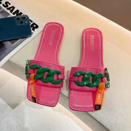 Summer Fashion Metal Chain Flat Slippers Ladies Transparent PVC Square Toe Slippers Ladies Beach Slippers Ladies Sandals Women
