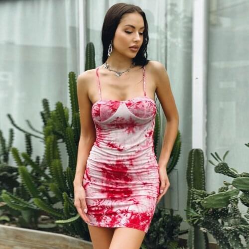 Summer Sexy Tie dye Spaghetti Strap Dresses Women Sheath Backless Ruched Mini Dresses Sleeveless Bodycon Party Club Dress