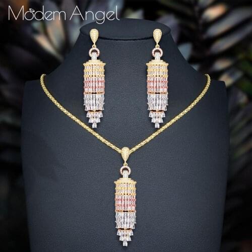 ModemAngel Thin Baguette T Handmade Cubic Zirconia Necklace Earring Jewelry Sets Women Wedding Indian Dubai Bridal Jewelry Sets