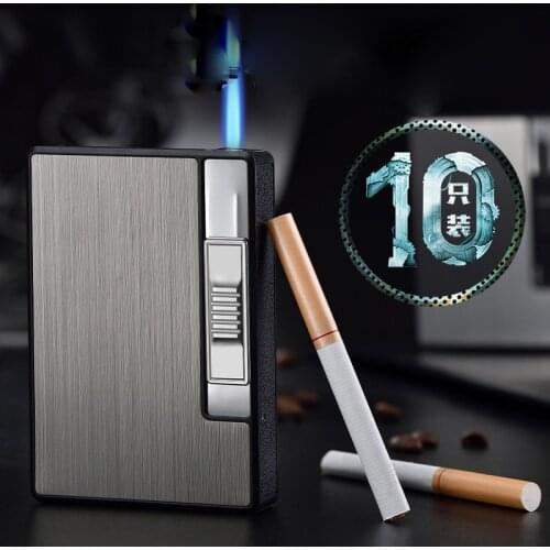 Unusual Lighters Metal Cigarette Box for Men Smoking Nice Gift Dropshipping Automatic Cigarette Case 10pcs Cigarette Capacity