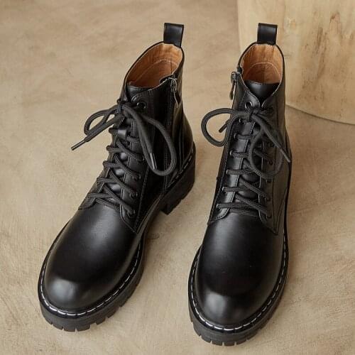 2020 New Winter Autumn Handmade Genuine Leather Round Toe Chunky Platform Ankle Boots Lace Up Thick Sole Chunky Heel Short Boots