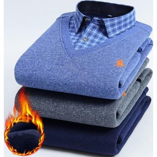 Autumn and winter mens plus fleece fake two warm shirts Youth business casual fashion sweater shirt Classic padded slim top 4XL