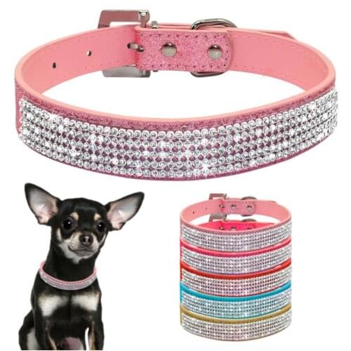 Pet Puppy Dog Cat Collar Adjustable Puppy Necklace Pet Accessories PU rhinestone Dogs Cats Collar
