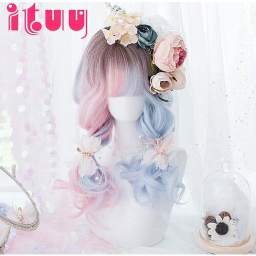 Blue Mix Pink Long Wave Gradient KC Wigs Halloween Women Cosplay Heat Resistant Bangs Curly Hair Lolita Harajuku Style Bobo Wig