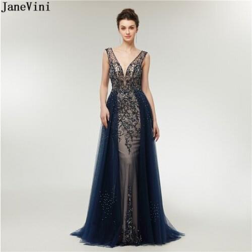 JaneVini Luxury Arabic Mother of The Bride Dresses Sexy Deep V Neck Heavy Beaded Backless Navy Blue Mermaid Formal Evening Gowns