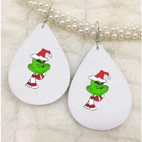 Grinch christmas party faux leather two layers glitter earrings thanks giving gift double print bulk order