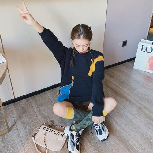 Cartoon loose sweater womens pullover fall winter new 2021 lazy wind thickened net red small fresh sweater outer wear