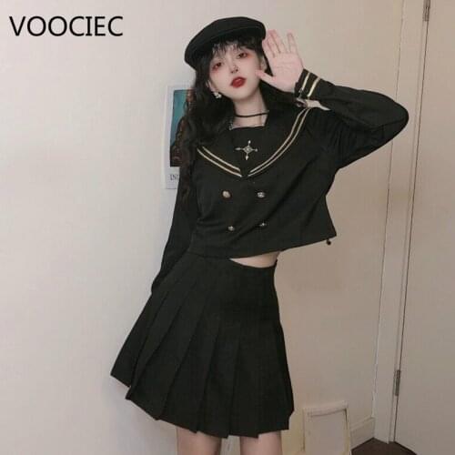 VOOCIEC Japanese Style Girl Tops Pleated Skirt JK Suit Kawaii Navy Sailor Tshirt High School Uniform Women Academy Anime Costume