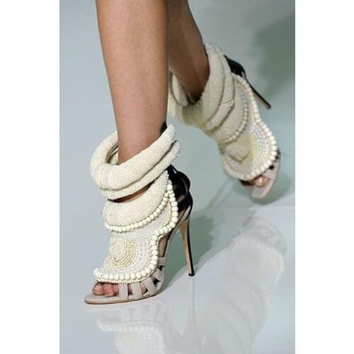 Glossy Pearl Embellished Sandals Women Straps Peep toe Thin Heel Sandal Woman Beads Patchwork Outfit Dress Shoes