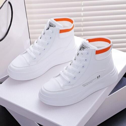 Women Sneakers Leather Platform Shoes Spring Korean White Sneakers Ladies Lace Up High Top Sneakers Vulcanized Shoes Women 2021