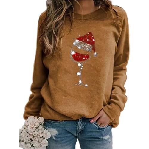 Women’s Pullovers Tops Glitter Red Wine Glass Print Long Sleeve Crewneck Loose T Shirt Oversized Clothes