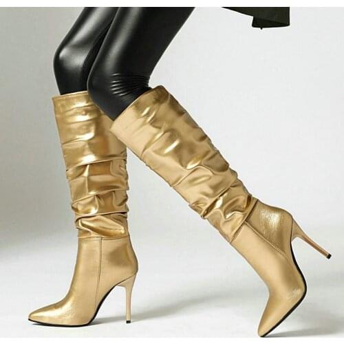 New Series Gold and Silver Sexy Women Knee High Boots Fashionable Thin Bottom 10CM Stiletto Heel Ladies Pleated Decorative Boots
