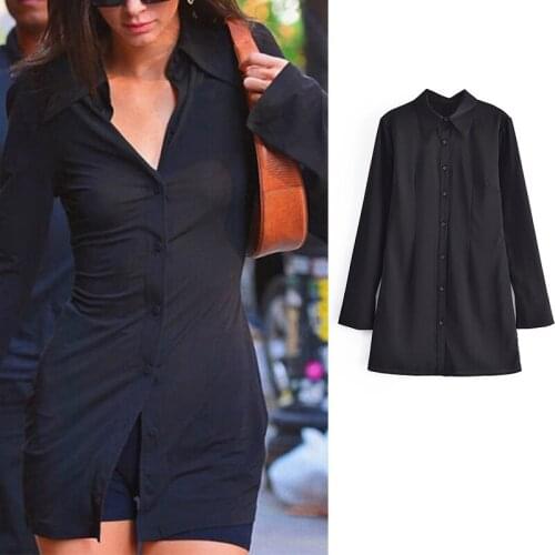 Za 2021 Women Sexy Chic Black Stylish Party Mini Shirt Dress Long Sleeve Single Button Streetwear Sheath Dress Elegant Vestidos