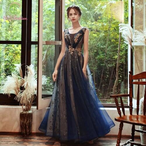 SSYFashion New Banquet Elegant Navy Blue Evening Dress Scoop Lace Appliques Sleeveless Floor-length Long Formal Gown Vestidos