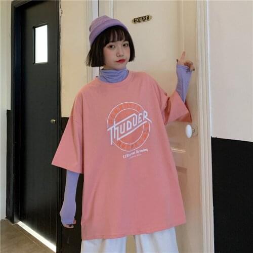 2020 Female Korean Harajuku Retro Cartoon Printed Loose T-shirt Womens T-shirts Tops Japanese Kawaii Ulzzang Clothes For Women