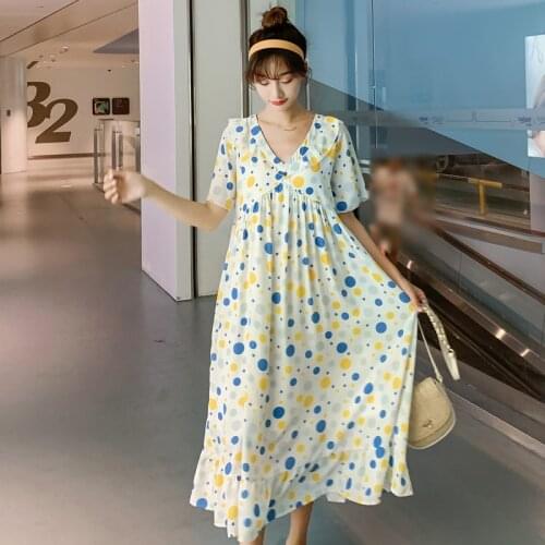 2021 Summer Korean Fashion Maternity Long Dress Elegant A Line Clothes for Pregnant Women Sweet Polka Dot Pregnancy