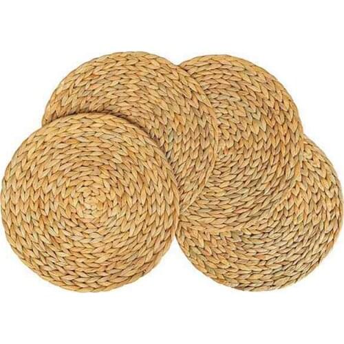 4 Pcs Woven Placemat,Natural Hyacinth Woven Placemat,Round Woven Rattan Table Mat, for Kitchen Party Wedding Decoration