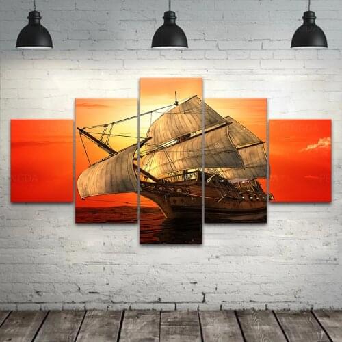 HD Printed Dusk Canvas Painting Wall Art 5 Pieces Sailing Poster Home Decor For Living Room Modular Sea Landscape Pictures Frame