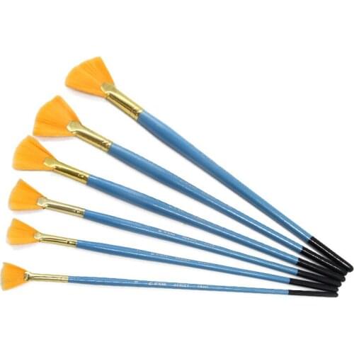 6 pcs yellow nylon hair fishtail fan shap brush pen Blue Wooden pole hanging black tail painting brush manufacture for paint