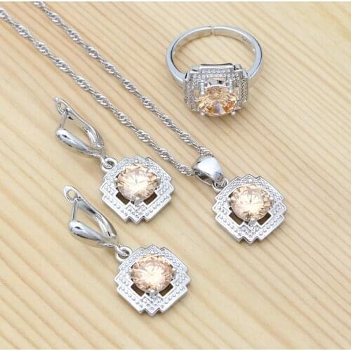 925 Sterling Silver Jewelry Set Champagne Stone Earrings Chain Pendant Adjustable Ring Geometric Jewelry