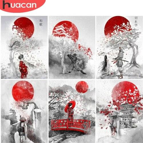 HUACAN 5D Full Drill Diamond Painting Japanese Samurai Mosaic Embroidery Maple Leaf Wall Art Bedroom Decoration