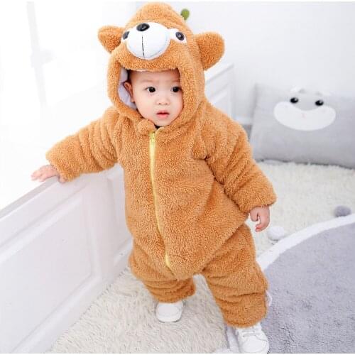 Newborn Baby Jumpsuit Coral Fleece Cartoon Bear Hooded Winter Quilted Thickening Baby Clothing Cotton Baby Clothing Baby Romper