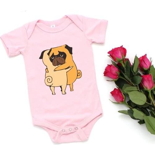Cute Pugs Huging Cartoon Print Fine Newborn Clothes Summer Aesthetic Ropa Bebe Plus Size Pink Baby Girl Bodysuit Short Sleeve