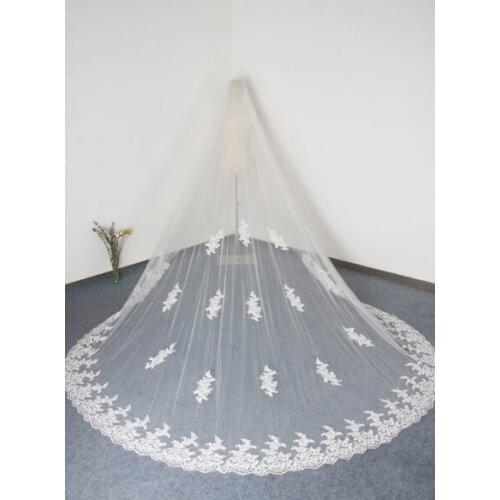 Boho Long Lace Edge Wedding Veil One Tier Lace Trim Cathedral Bridal Veil Beige/White/Ivory Bride Veil Elbow,Fingertip,Waist,Cha