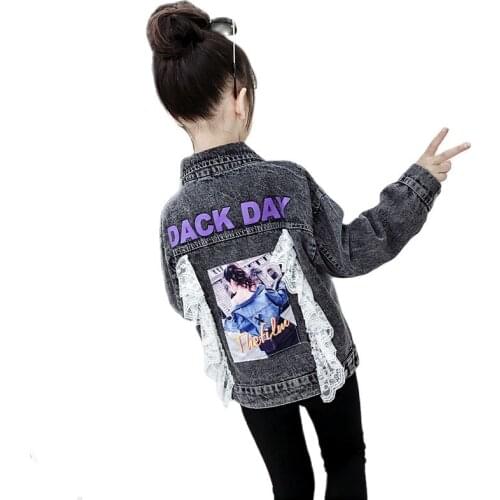Little Girl Print Denim Jacket Fashion Lace Cardigan Coats Black Blue 88.7% Cotton 9% Polyester Outerwear for Kids Clothes