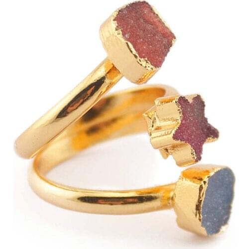 Druzy Natural Fashion Stone Random Size and Color Ring rainbow Handmade Jewelry Gold Color Ring for Women Wedding Party Gift