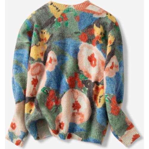 Lamtrip Niche Literary Artistic Hedging Mohair Forest Flower Loose Long-Sleeved Oil Painting Pattern Retro Sweater