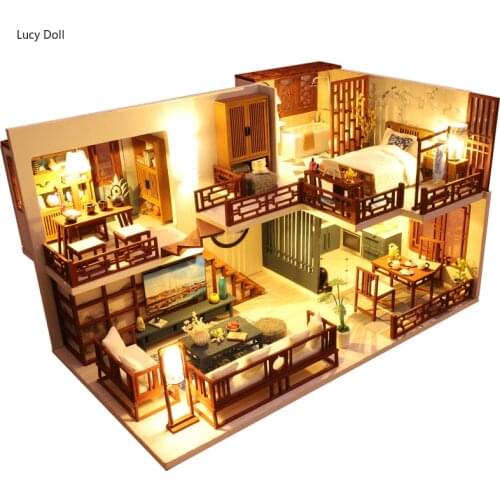 Lucydoll DIY DollHouse Wooden Doll Houses Miniature Dollhouse Furniture Kit Toys For Children New Year Christmas Gift Casa M025