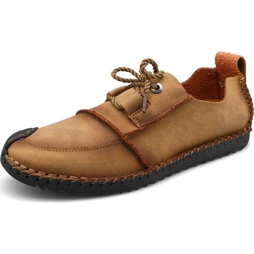 Big Size 48 Men Handmade Leather Casual Shoes Rubber Non-slip Daily Fashion Footwear for Male Lace-up Flats Mens Classic Shoes