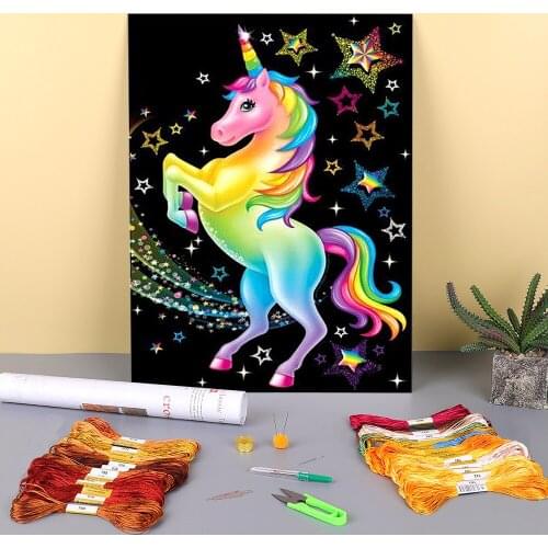 Cartoon Rainbow Unicorn Horse Animal Printed Fabric 11CT Cross Stitch Embroidery Kit DMC Threads Painting Needlework Decor