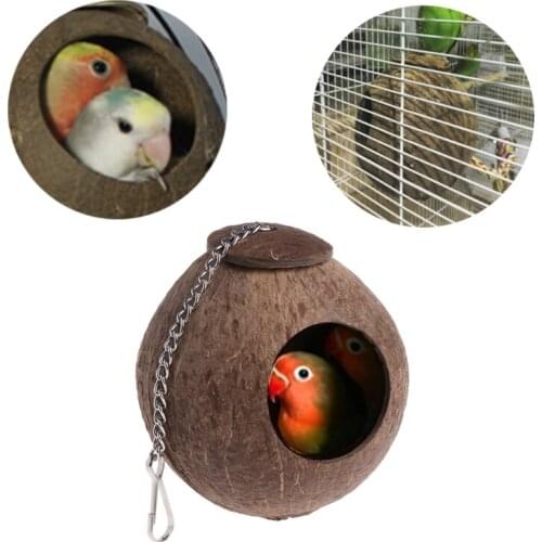 Natural Coconut Shell Pet Bird Parrot Nest House Hut Cage Feeder Toy With Chain For Parrot Budgie Parakeet Cockatiel Conure C42