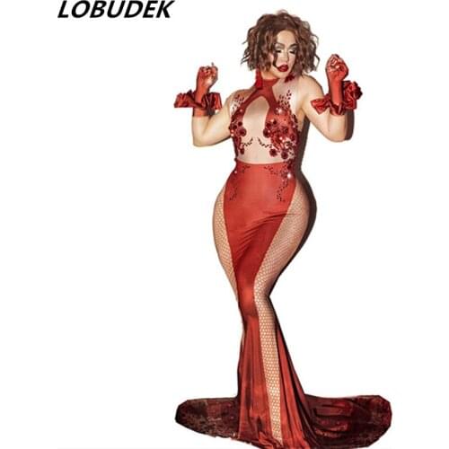 Women Evening Party Skinny Elastic Floor Length Mermaid Dress Wedding Birthday Prom Red Rhinestones Trailing Long Dress For Host