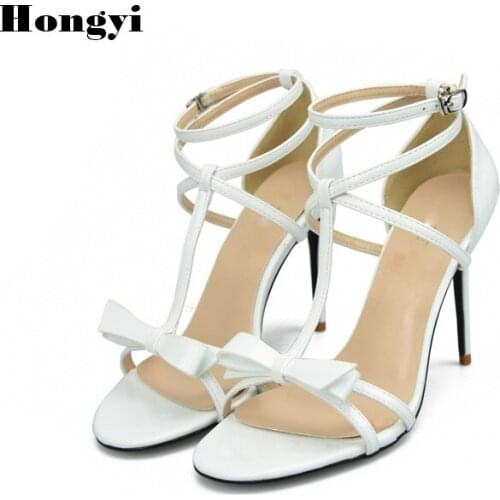 Women Sandals Summer 2018 Bow Sandals High Heels Shoes Ankle Strap Ladies Sandals Patent Leather Casual Footwear White Black