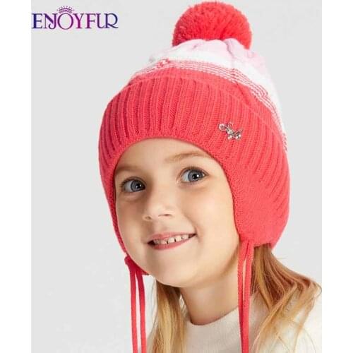 ENJOYFUR winter knit hats for kids real fur fox pompom grils boys babies wool bonnets warm cute patchwork color children beanies