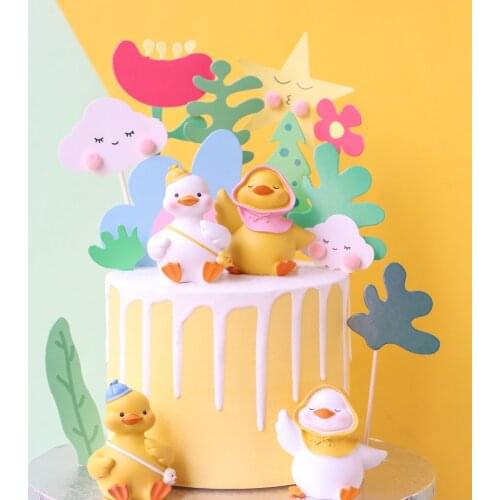 Baby Shower Child Birthday Decoration Cake Topper Cute Little Yellow Duck White Duck Cloud Stars Card Set Creative Resin Baking
