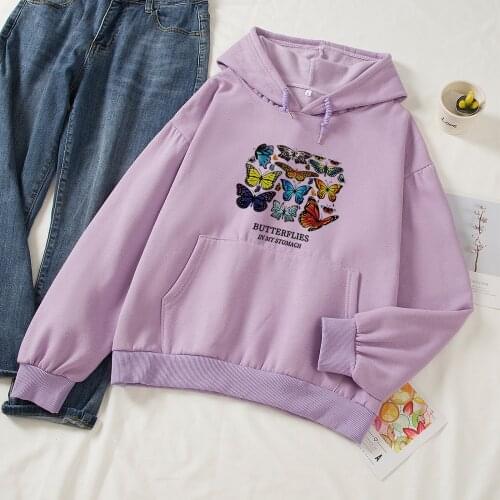 Harajuku Style Ladies Hoodie Gorgeous Butterfly Graphic Print Regular Cotton Loose With Drawstring Pockets Plus Size Hoodies