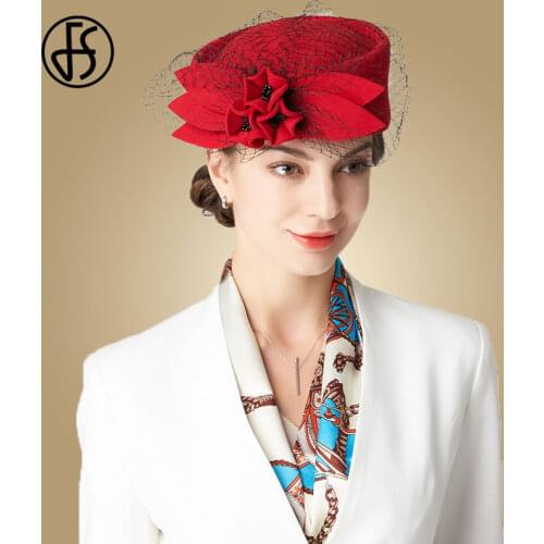 FS Women Fascinator Hat For Wedding Red Black Cocktail Party Church Pillbox Hats With Veils Fashion Winter Flower Bridal