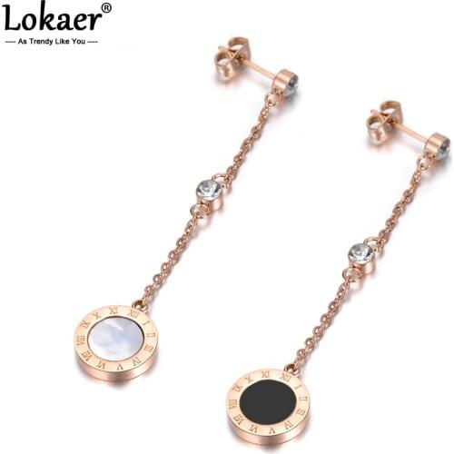Lokaer Double Sided Black & White Shell Crystal long Earrings Roma Number Steel Jewelry Gift For Women Lady E18051