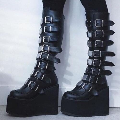 2021 New Brand Design Black Big Size 35-43 Cool Punk Motorcycles Boots Female Platform Wedges High Heels Calf Boots Women Shoes