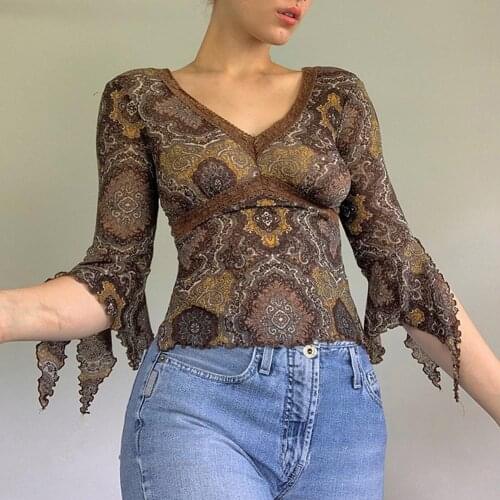 Women Sexy Lace Top Vintage Brown Floral Print Flare Sleeve Blouse Tee Slim-fit Shirt Top Summer Autumu Casual Streetwear