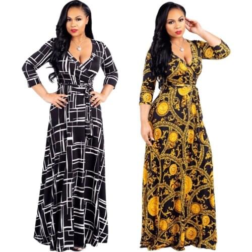 2019 Spring Sexy V-neck Floor-Length Print Long dress women Plus size maxi dresses woman clothes