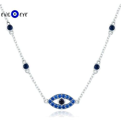 EVIL EYE Blue Zircon Turkish Evil Eye Pendant Necklace 925 Sterling Silver Long Chain Necklace for Women Girls Fine Jewelry ES26