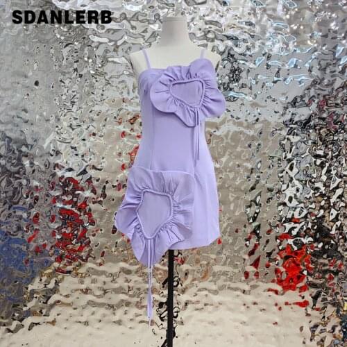 Women Suspender Dress Three-Dimensional Flower Tied Lotus Leaf Waist French Pleated Slim-Fit Purple Mid-length Strap Dress