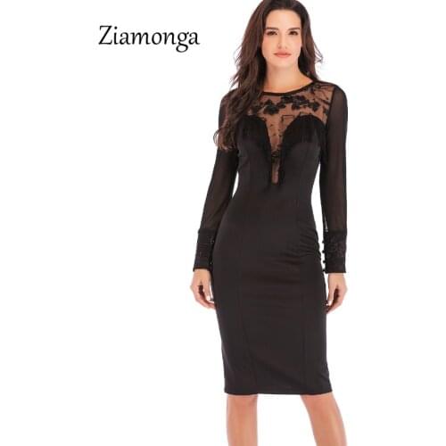 Ziamonga 2019 Spring Women Dress Long Sleeve Hollow Out Mesh Patchwork Lace Bodycon Dress Sexy Slim Club Party Bandage Dresses