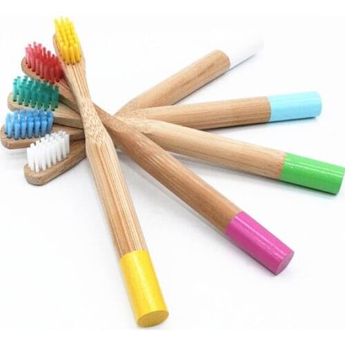 100Pcs/sets Rainbow Bamboo Toothbrush 5 Colors Round Bamboo Handle Child Tandenborstel Wooden Handle Low carbon Toothbrush