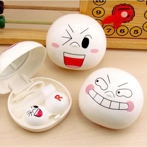 10pcs New creative cartoon expression smile contact lens box companion box Portable with Mirror Contact Lens Case 7.5*6.8*3.8cm